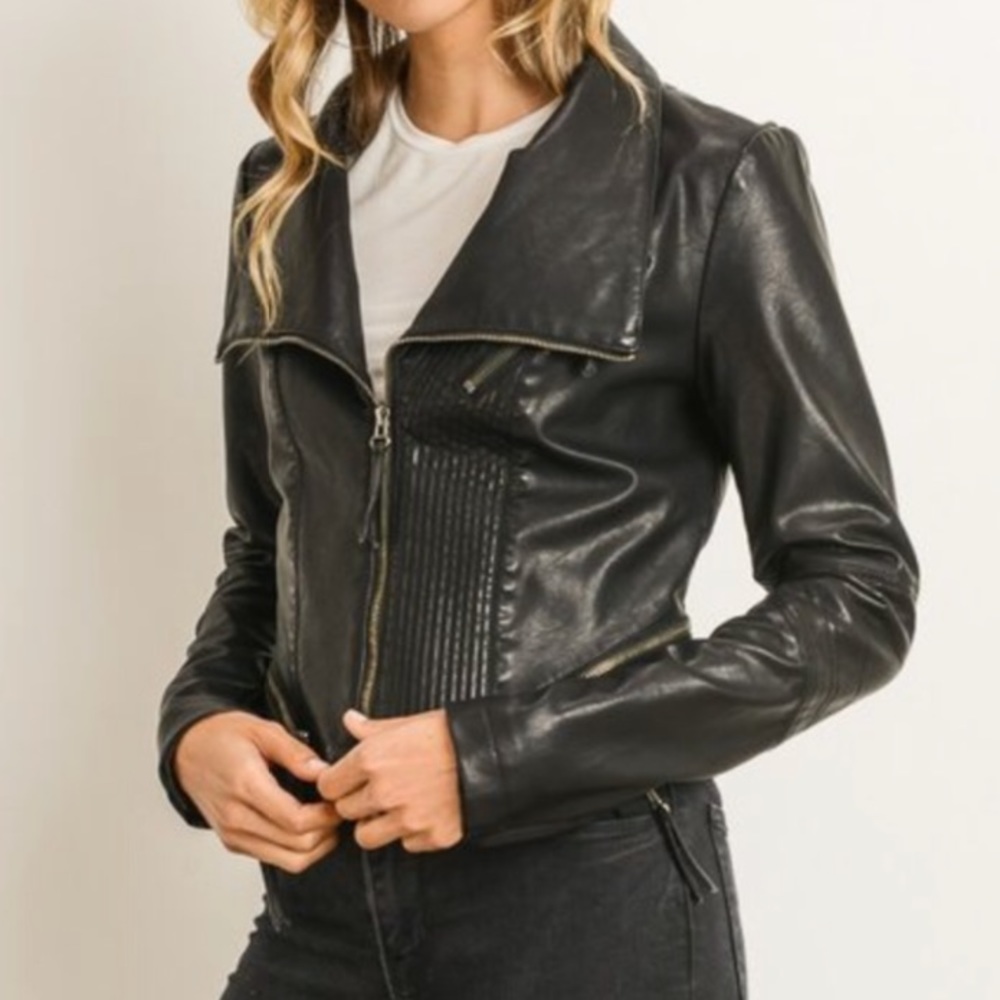 Black Faux Leather Jacket with Zippers